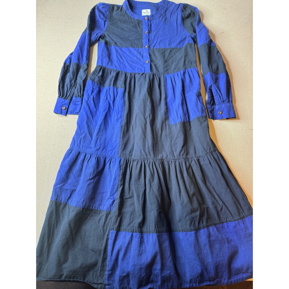 People Tree Blue Patchwork Organic Cotton‎ Tiered Midi Dress Boho Ethical Size 4